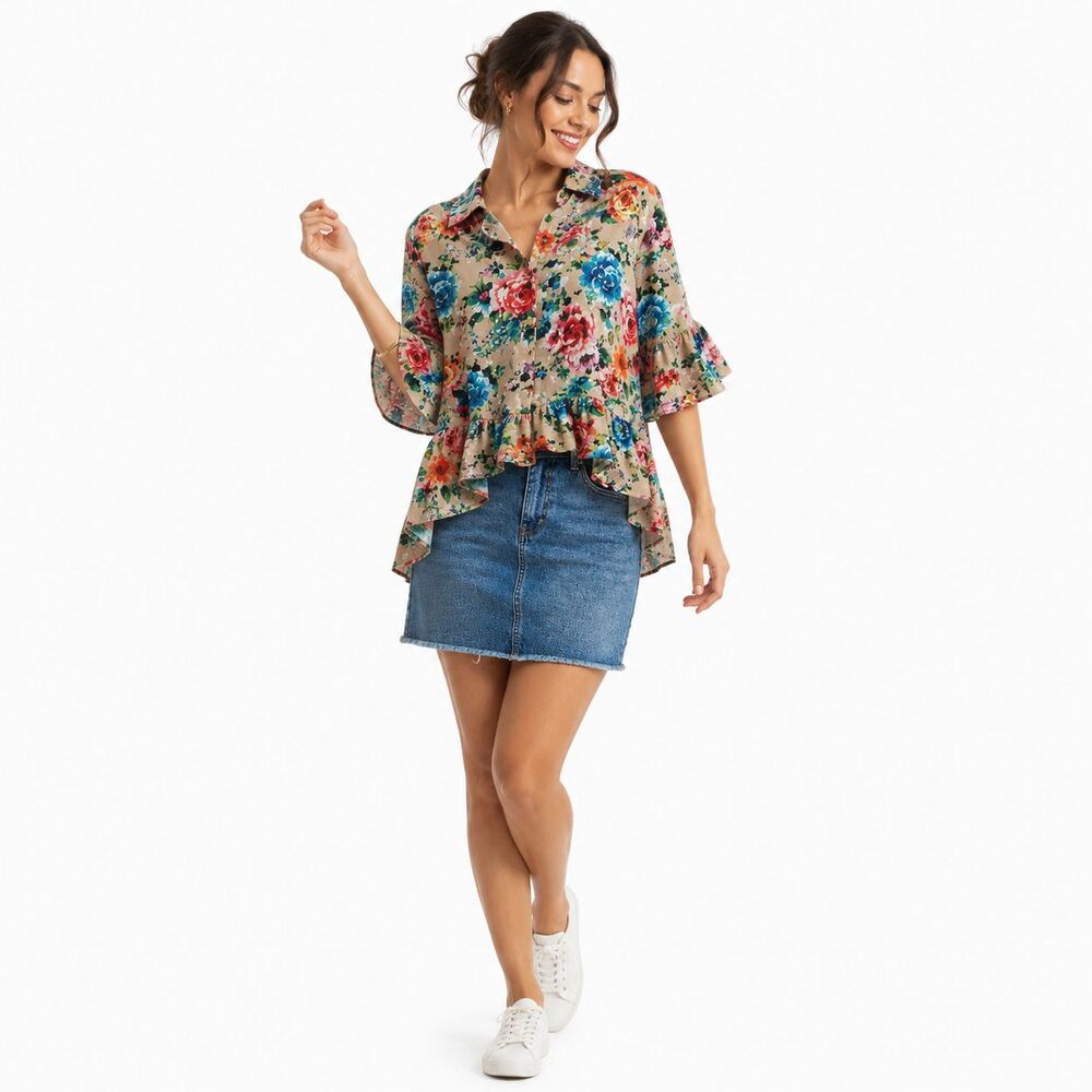 NWT Umgee M 8 10 Flower Garden Cotton Seersucker Button Front Ruffle Hem Top